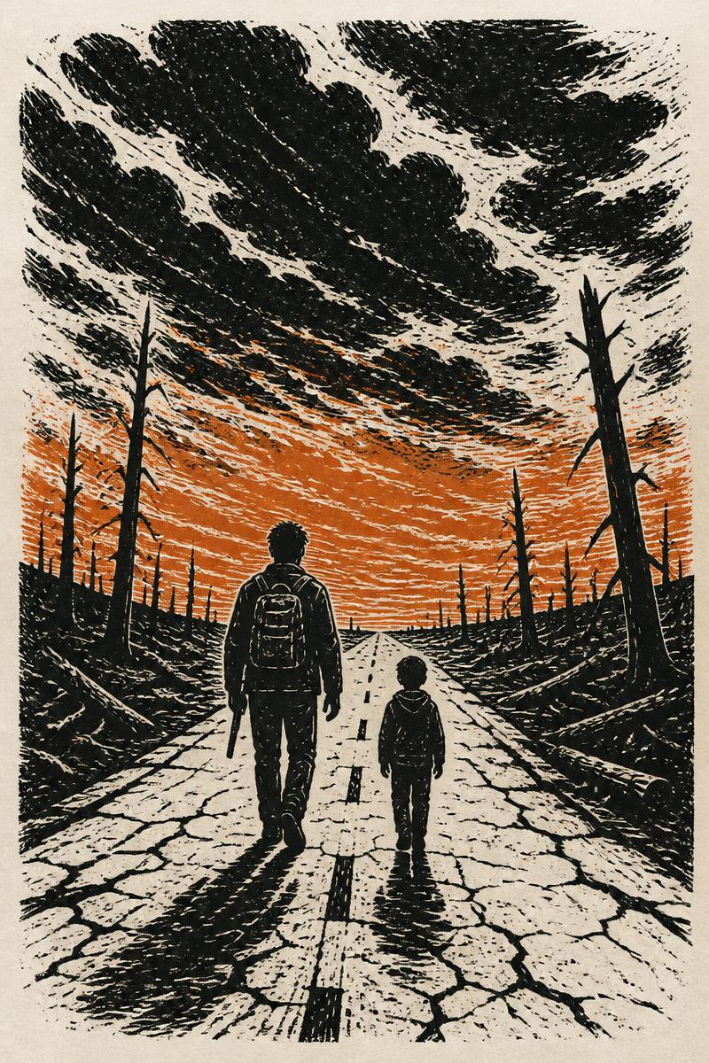 Illustrated cover plate for The Road by Cormac McCarthy