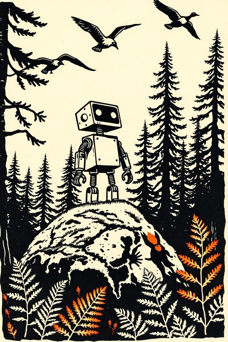 Illustrated cover plate for The Wild Robot by Peter Brown